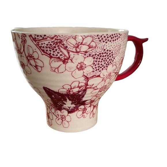 Anthropologie Cat & Cherry Blossom Flower Large Oversized Mug - Set Of 2 - Picture 2 of 7